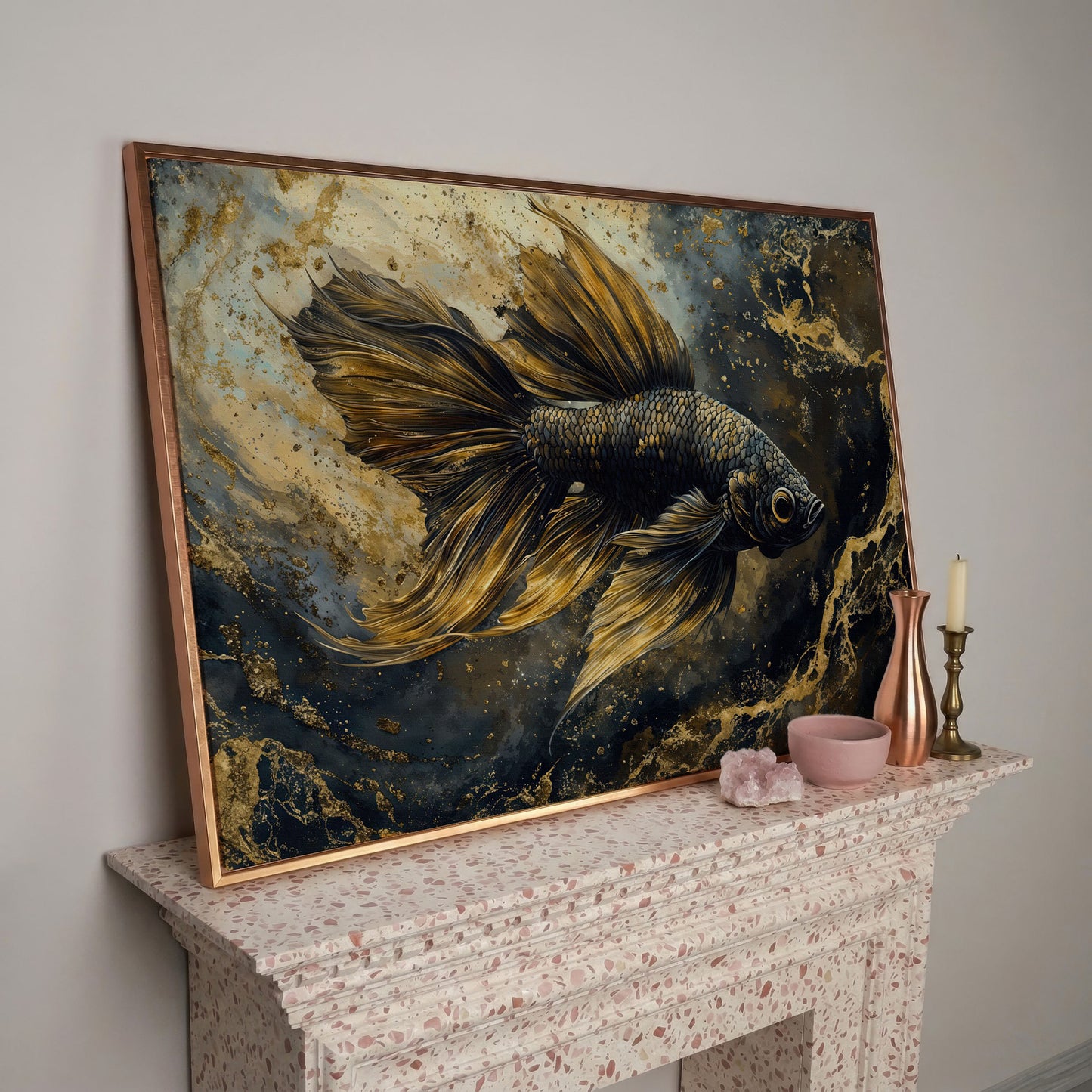 Black Betta Fish Canvas Wall Art in rose gold floating frame