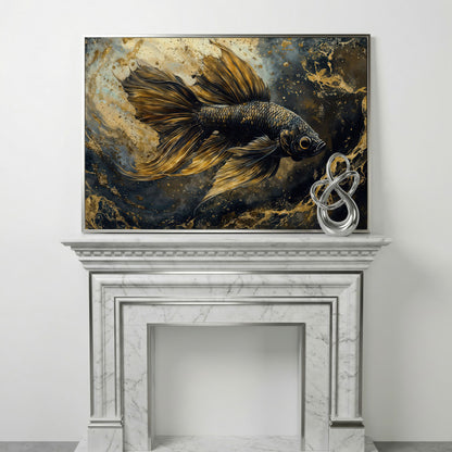 Black Betta Fish Canvas Wall Art in silver floating frame