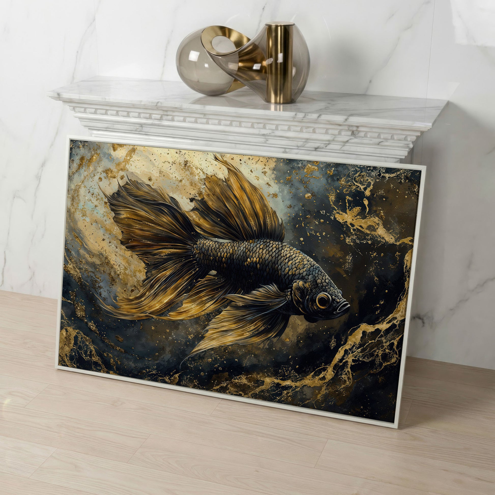 Black Betta Fish Canvas Wall Art in white floating frame
