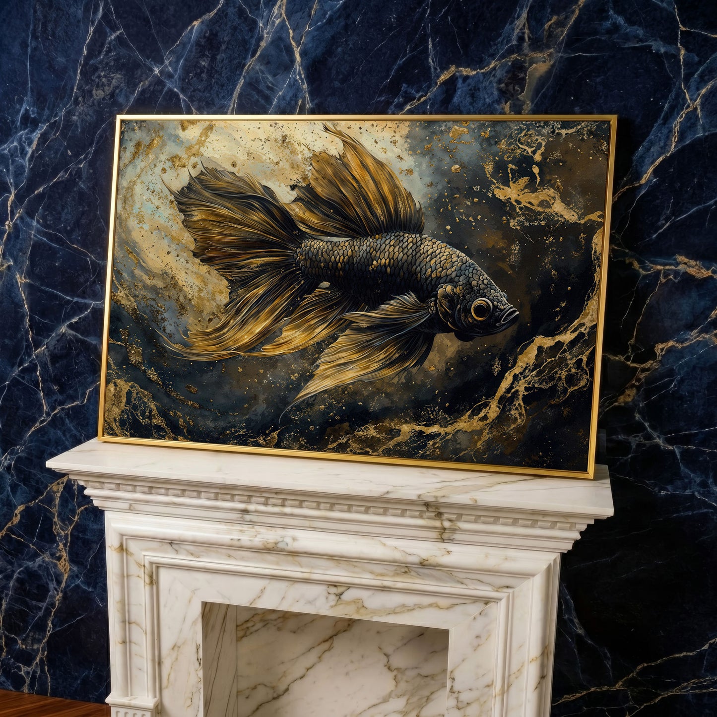 Black Betta Fish Canvas Wall Art in yellow gold floating frame