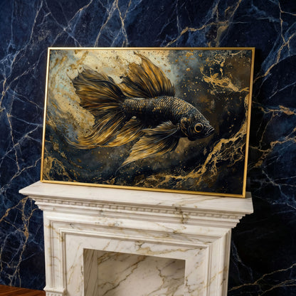 Black Betta Fish Canvas Wall Art in yellow gold floating frame