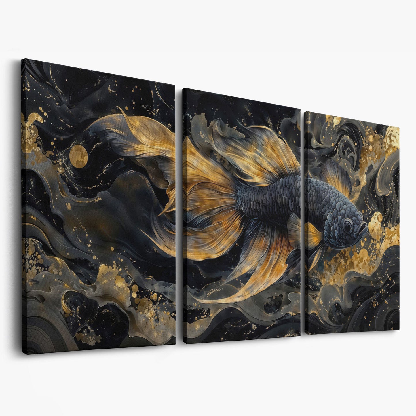 Black Betta Fish with Gold Fins Canvas as 3-panel split version