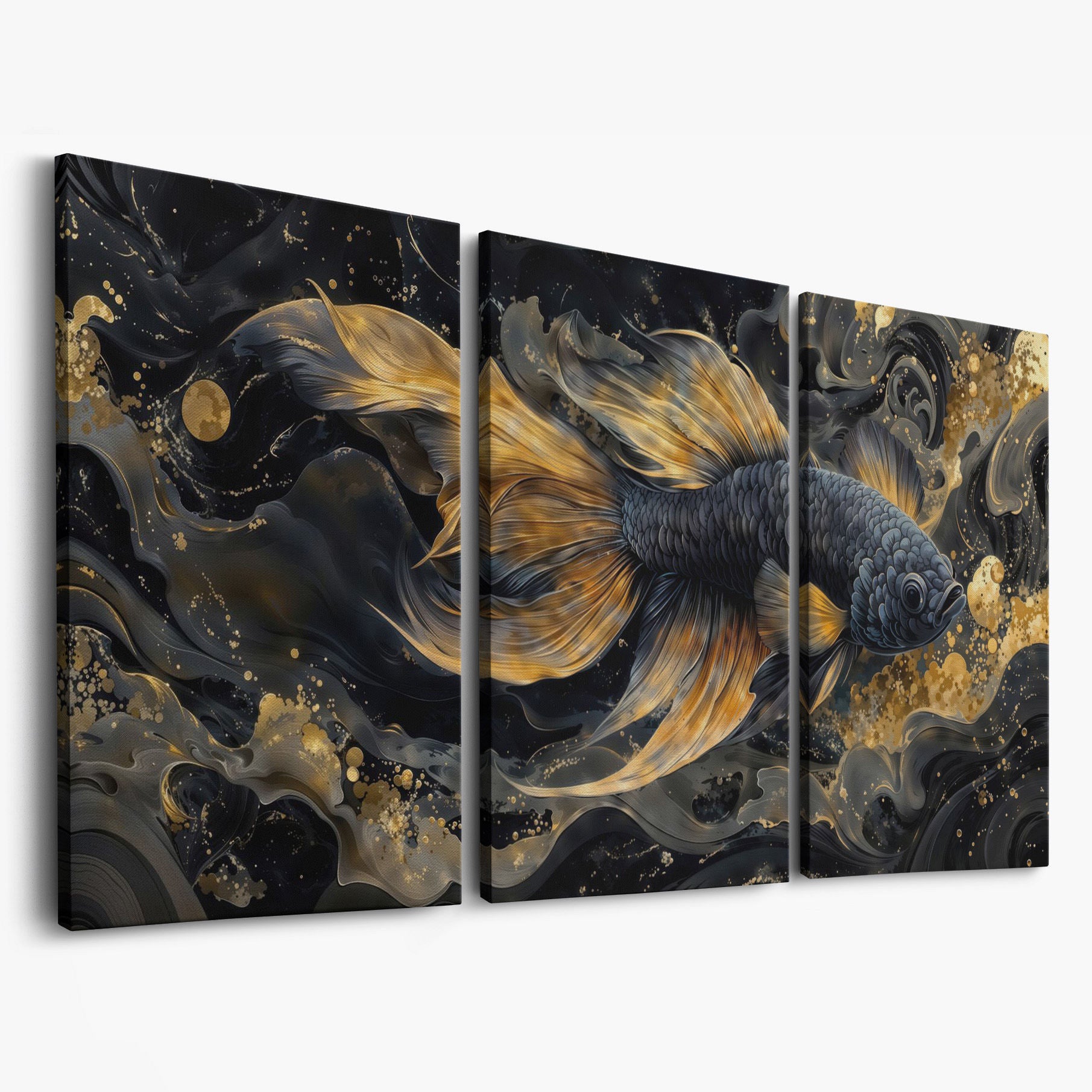 Black Betta Fish with Gold Fins Canvas as 3-panel split version