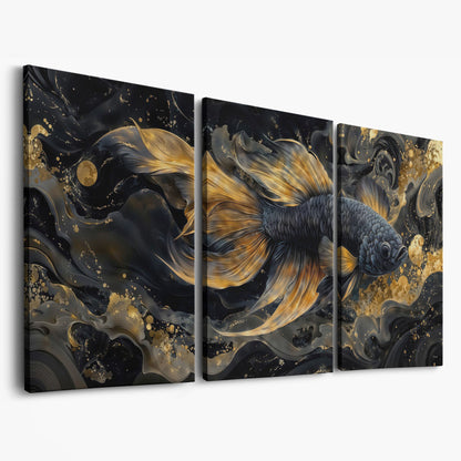 Black Betta Fish with Gold Fins Canvas as 3-panel split version