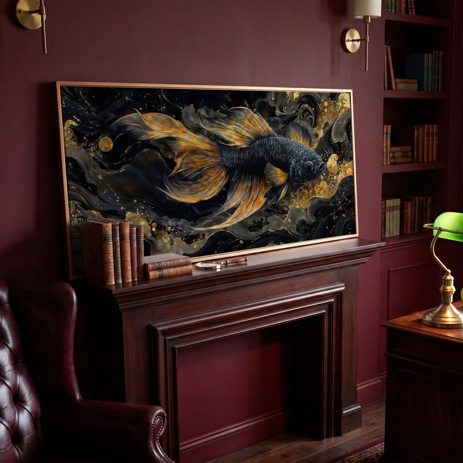 Black Betta Fish with Gold Fins Canvas in antique gold floating frame