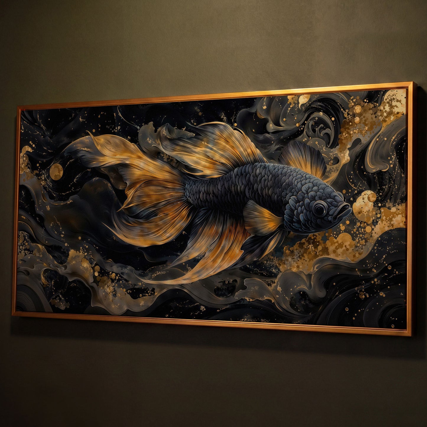 Black Betta Fish with Gold Fins Canvas shown in antique gold floating frame