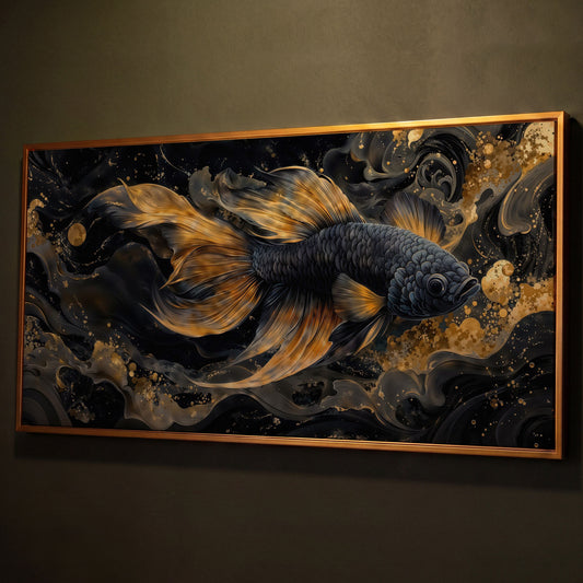 Black Betta Fish with Gold Fins Canvas shown in antique gold floating frame