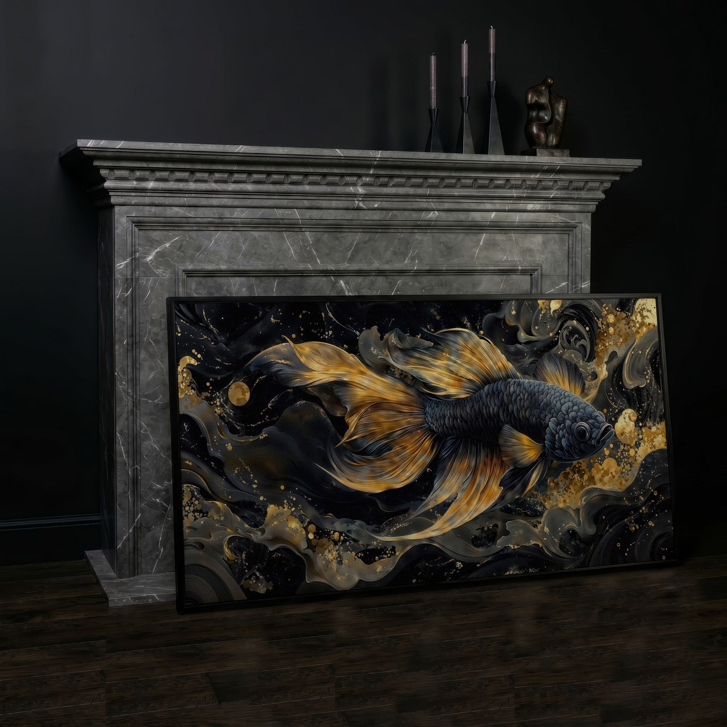 Black Betta Fish with Gold Fins Canvas in black floating frame