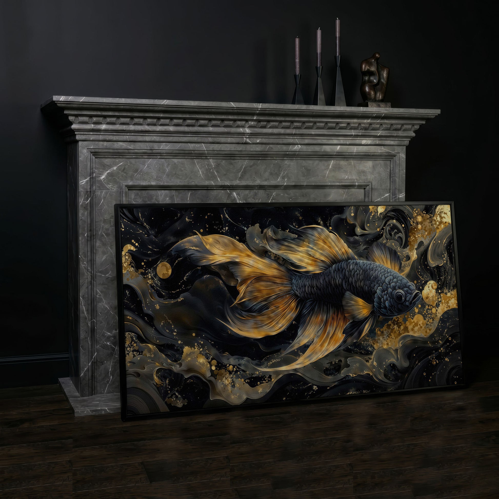 Black Betta Fish with Gold Fins Canvas in black floating frame