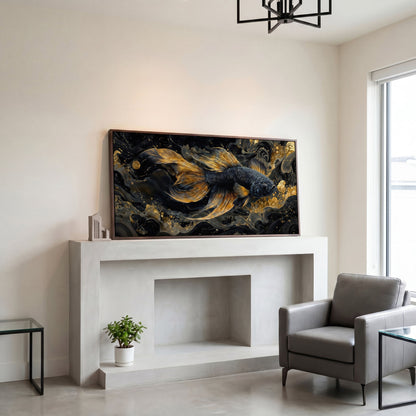 Black Betta Fish with Gold Fins Canvas in dark walnut floating frame
