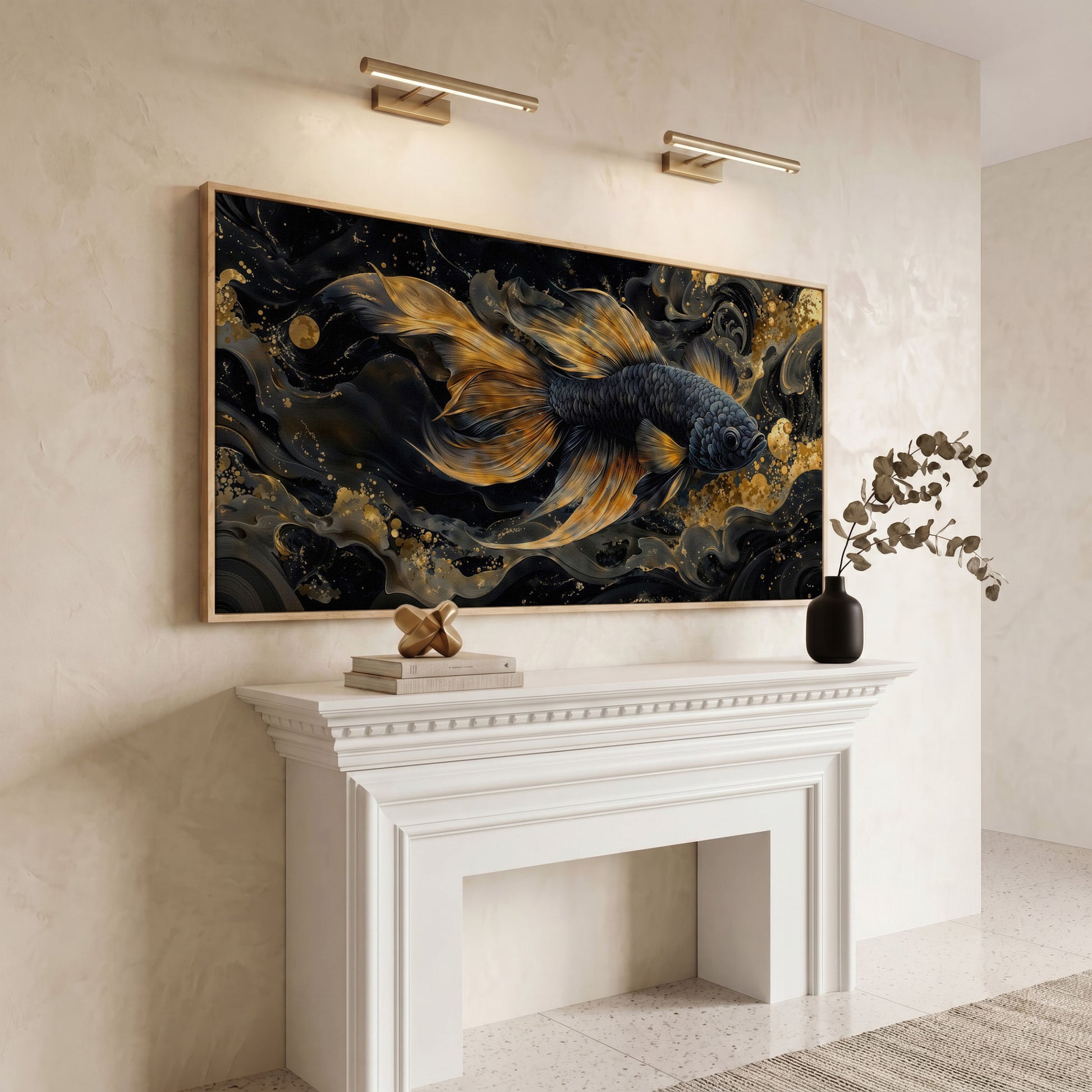 Black Betta Fish with Gold Fins Canvas in white oak floating frame