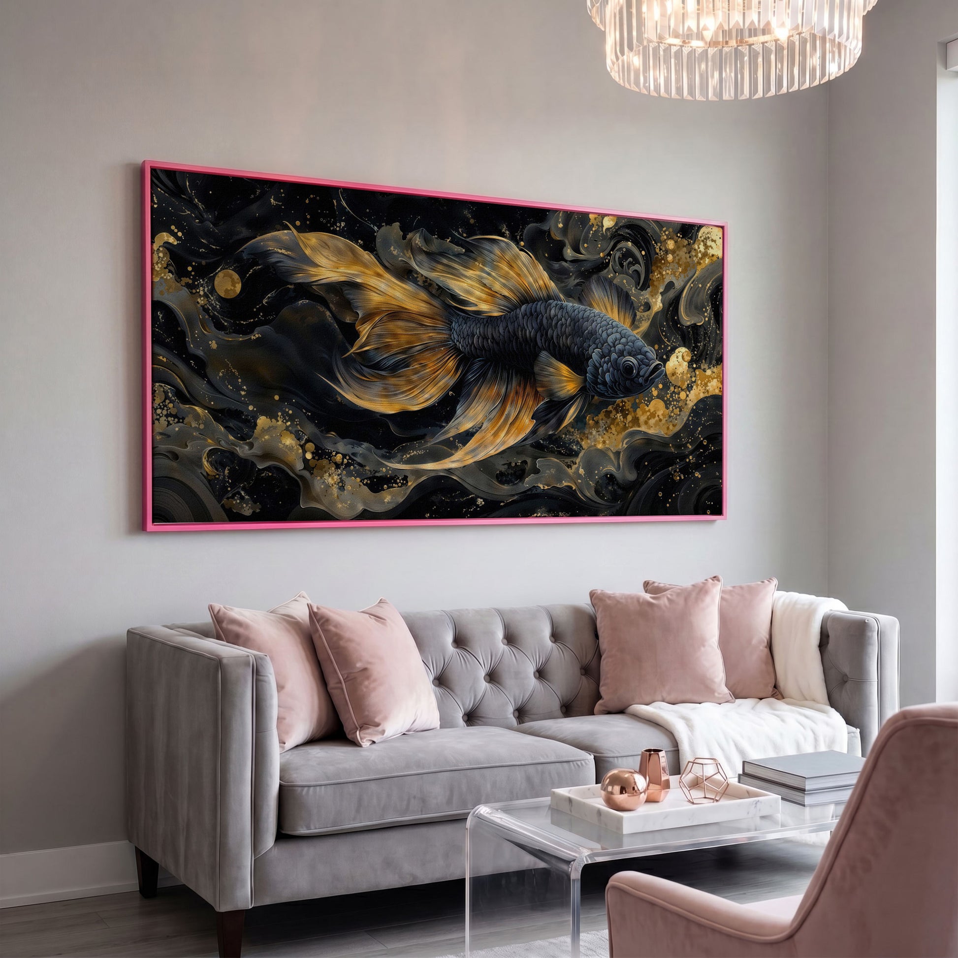 Black Betta Fish with Gold Fins Canvas in pink floating frame