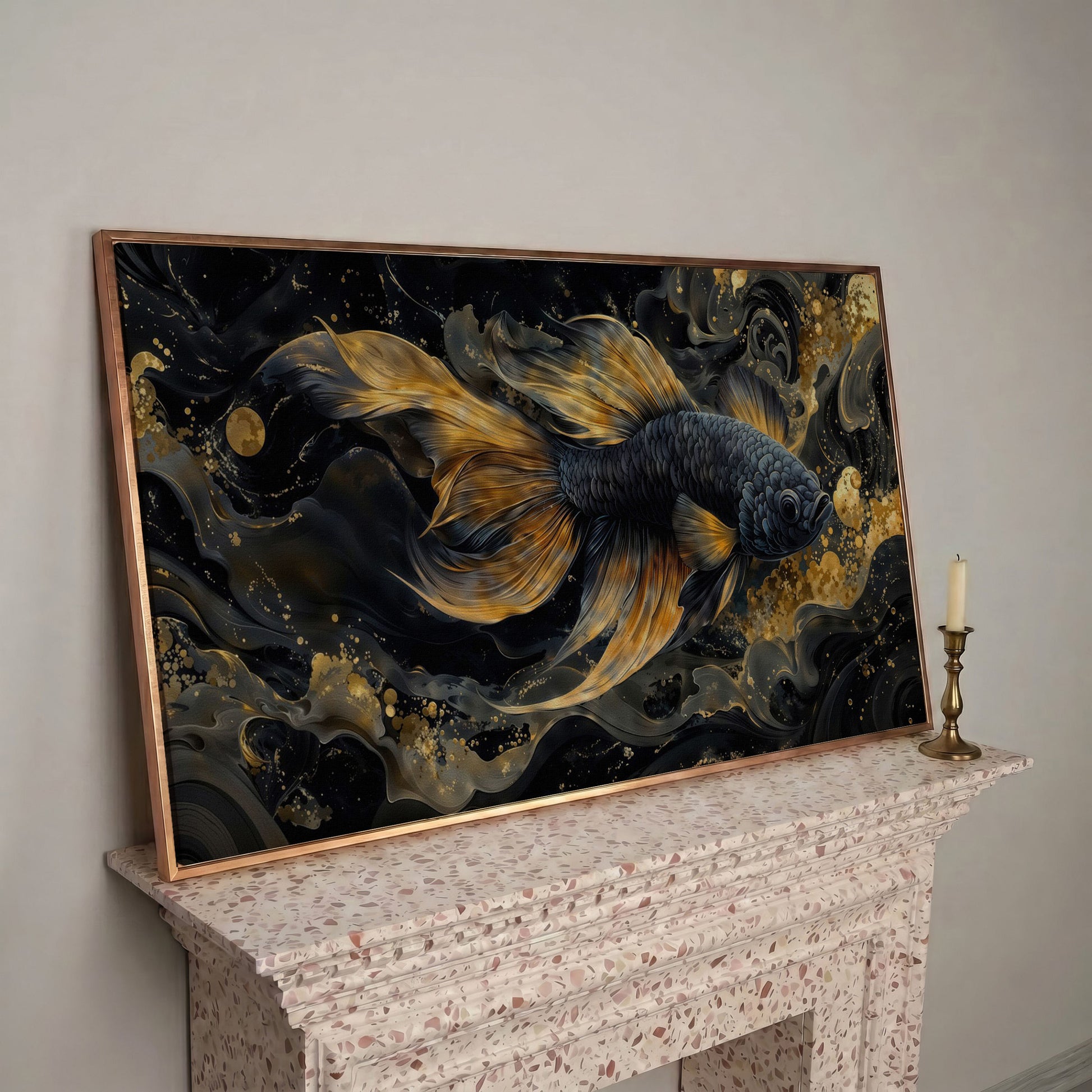 Black Betta Fish with Gold Fins Canvas in rose gold floating frame