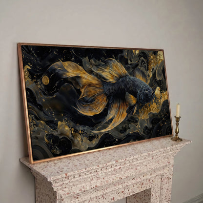 Black Betta Fish with Gold Fins Canvas in rose gold floating frame