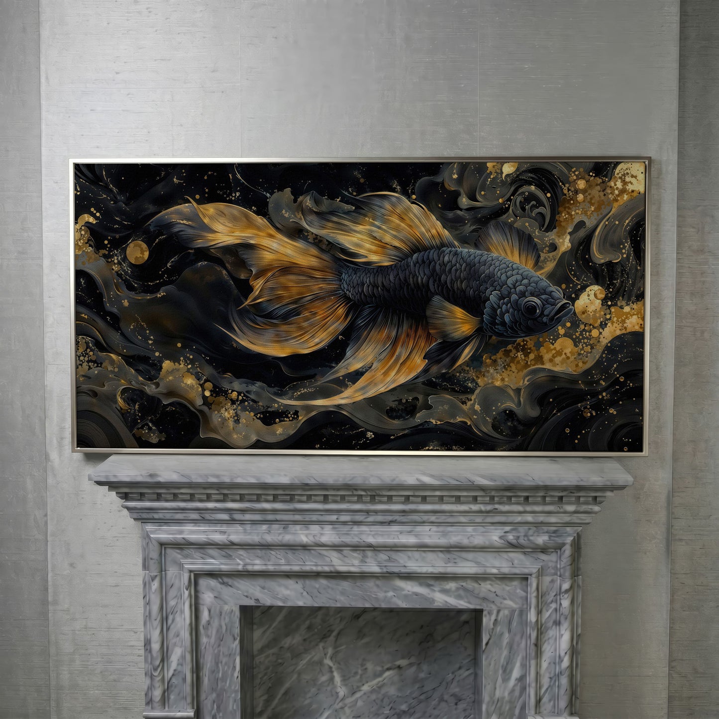 Black Betta Fish with Gold Fins Canvas in silver floating frame