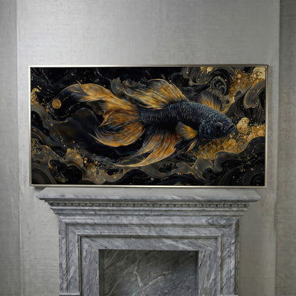 Black Betta Fish with Gold Fins Canvas in silver floating frame