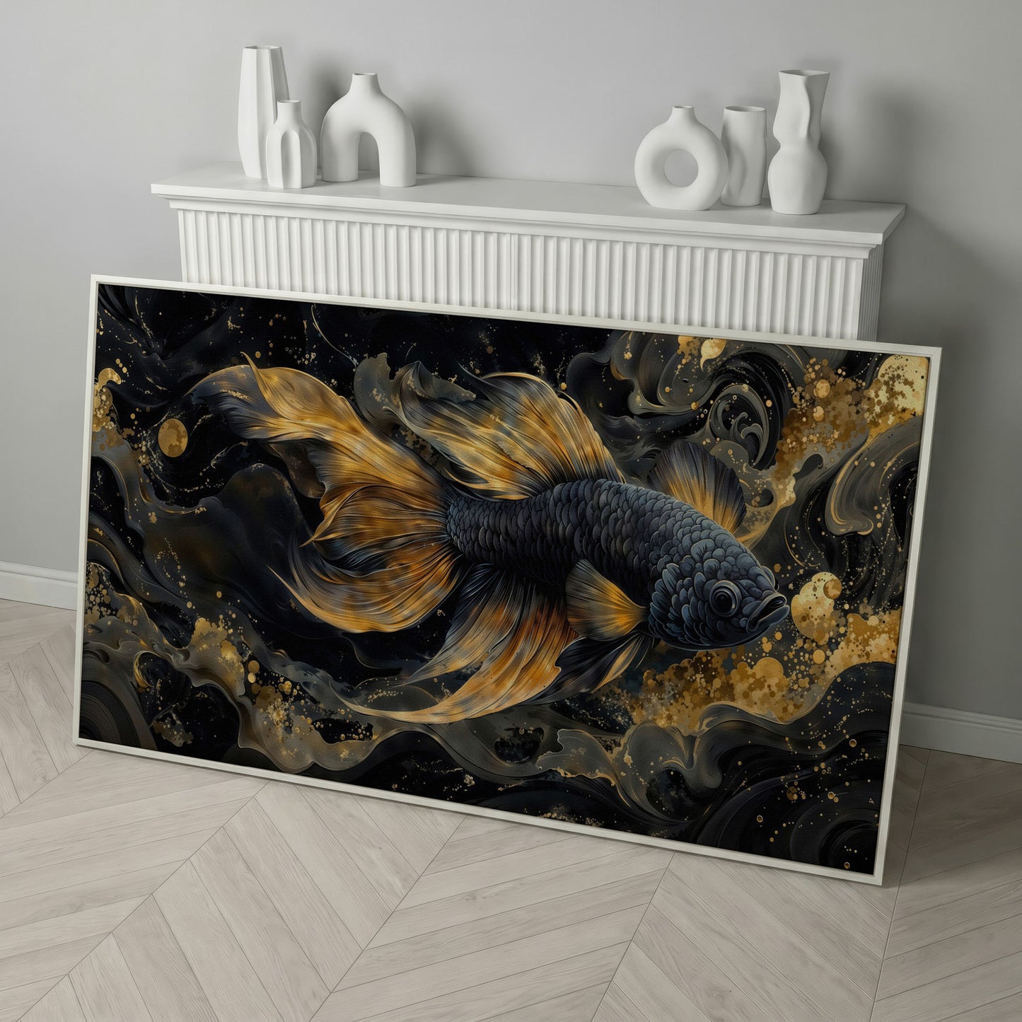 Black Betta Fish with Gold Fins Canvas in white floating frame
