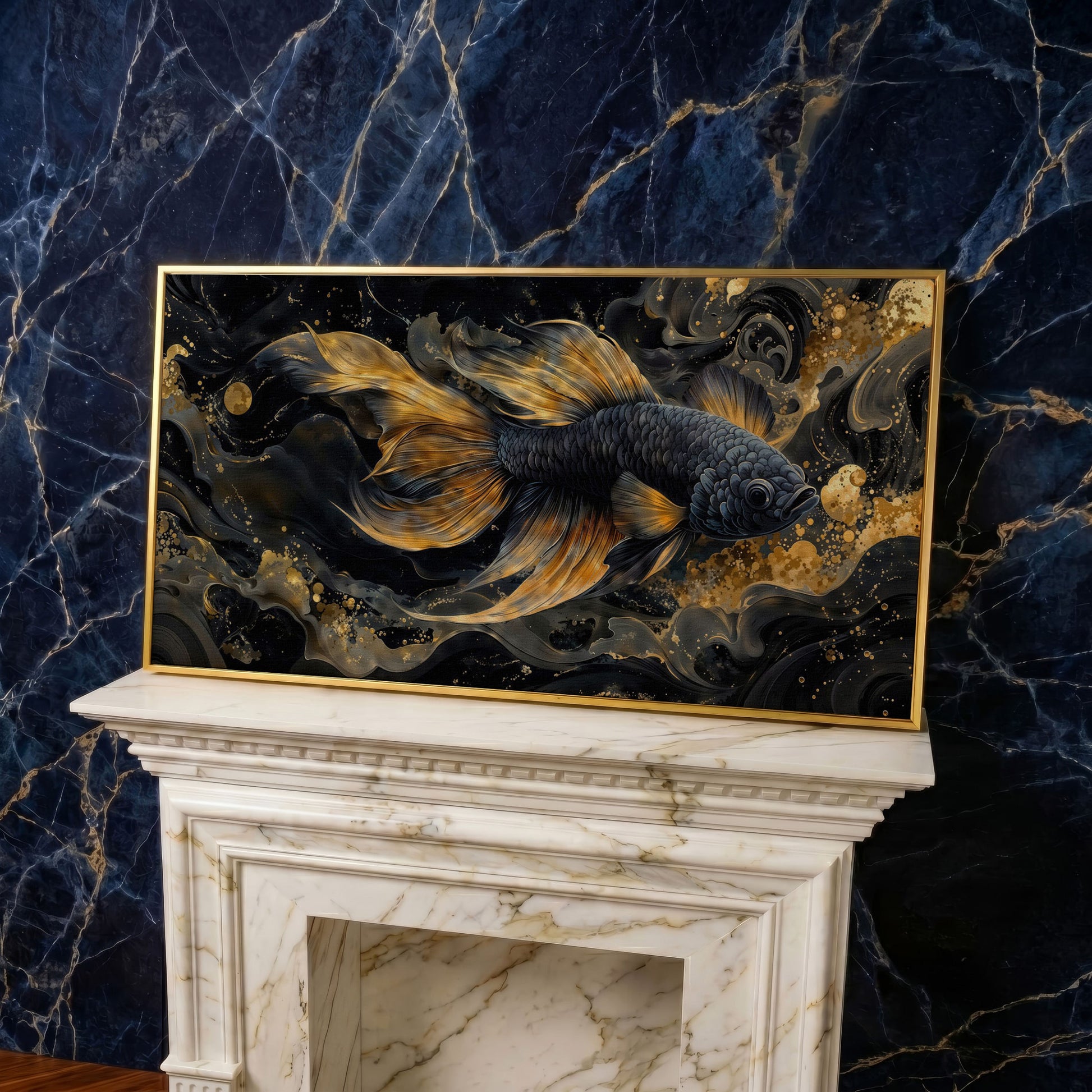 Black Betta Fish with Gold Fins Canvas in yellow gold floating frame