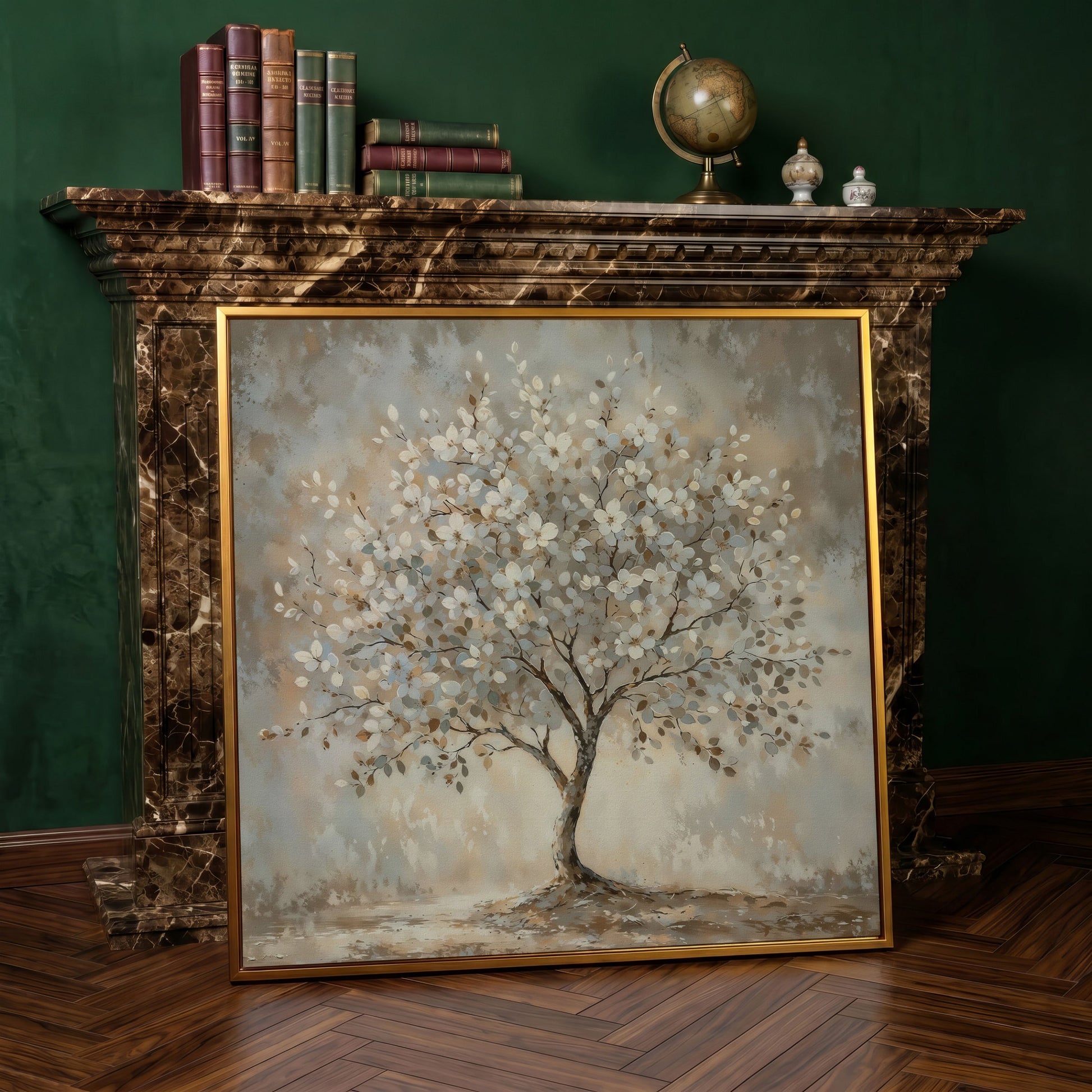 Spring Blooming Tree with White Flowers Canvas in antique gold floating frame