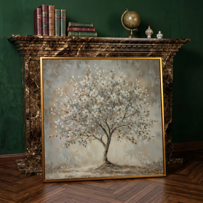 Spring Blooming Tree with White Flowers Canvas in antique gold floating frame
