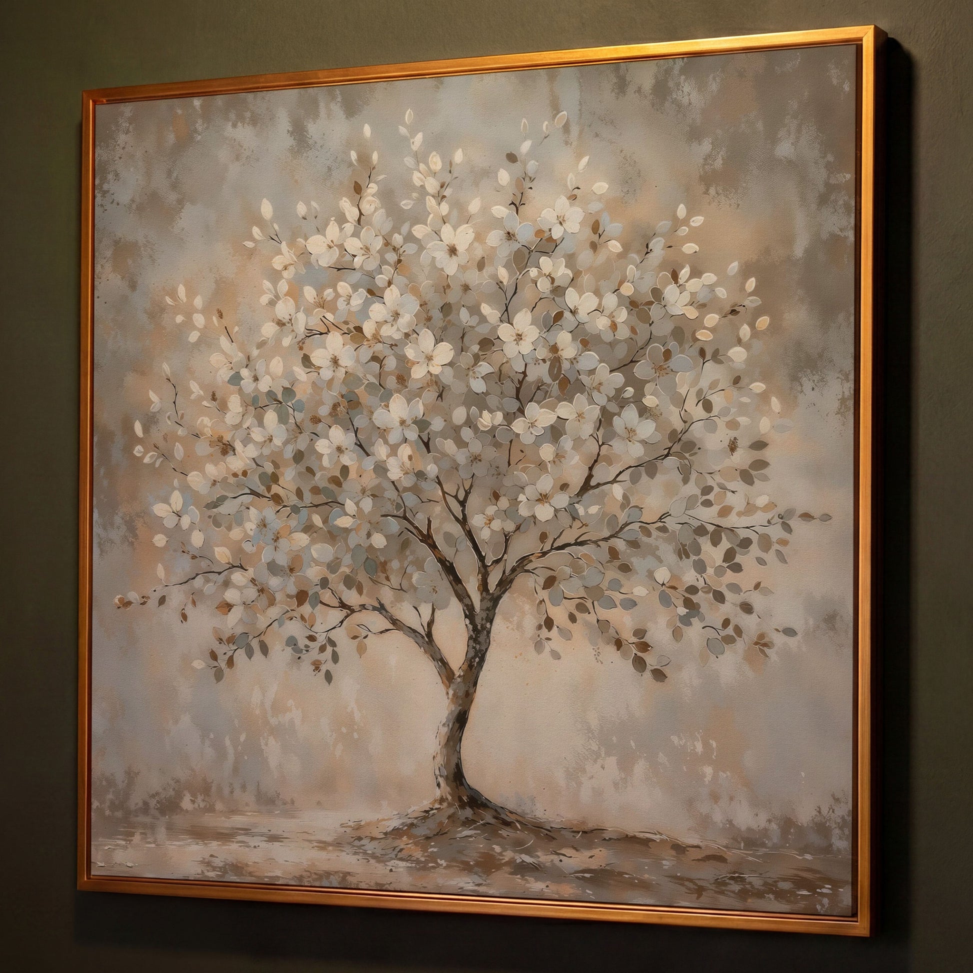 Spring Blooming Tree with White Flowers Canvas shown in antique gold floating frame