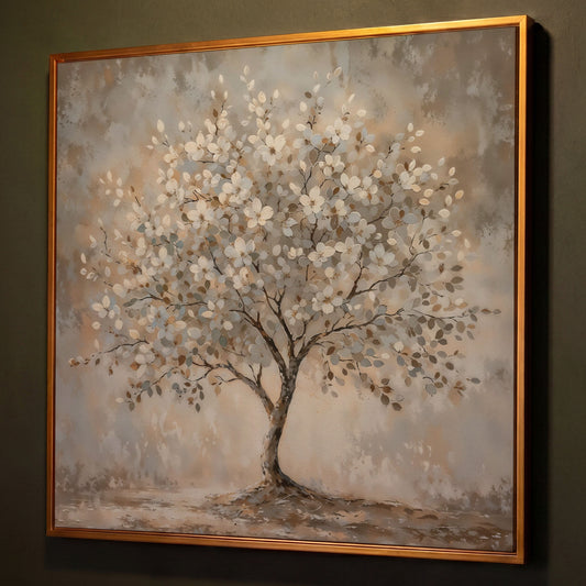 Spring Blooming Tree with White Flowers Canvas shown in antique gold floating frame