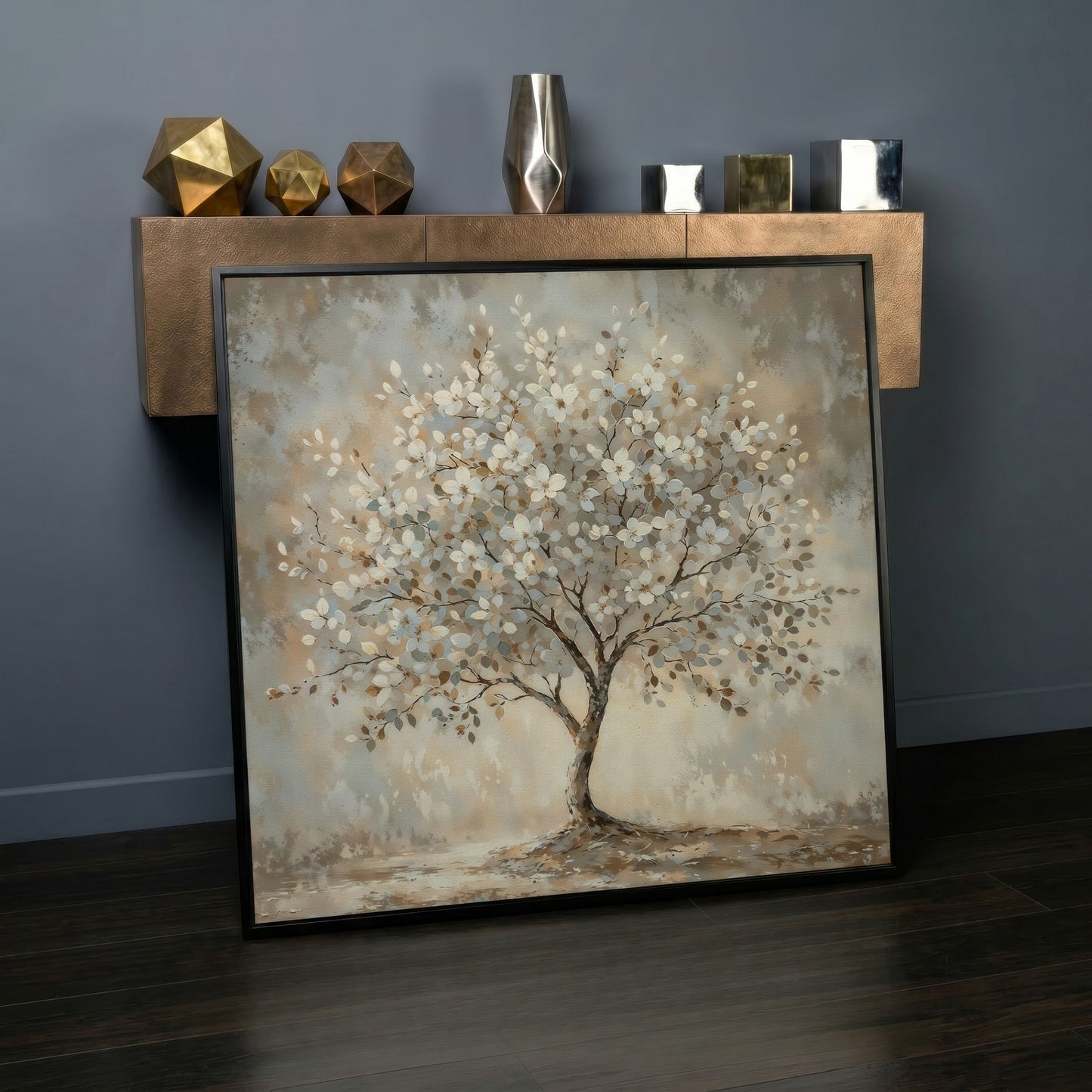 Spring Blooming Tree with White Flowers Canvas in black floating frame