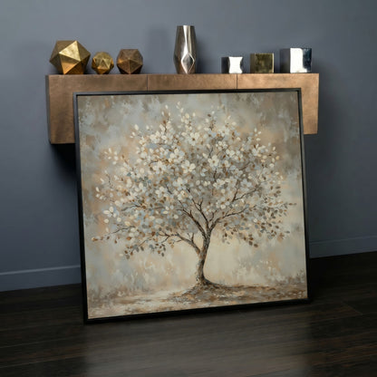 Spring Blooming Tree with White Flowers Canvas in black floating frame