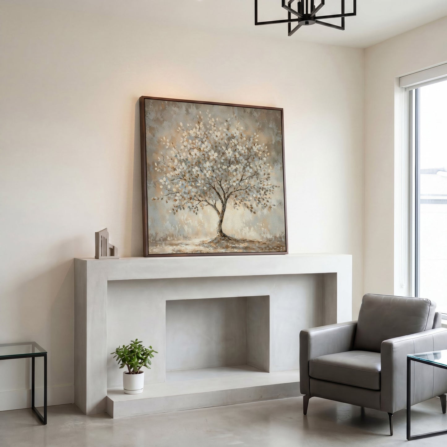 Spring Blooming Tree with White Flowers Canvas in dark walnut floating frame