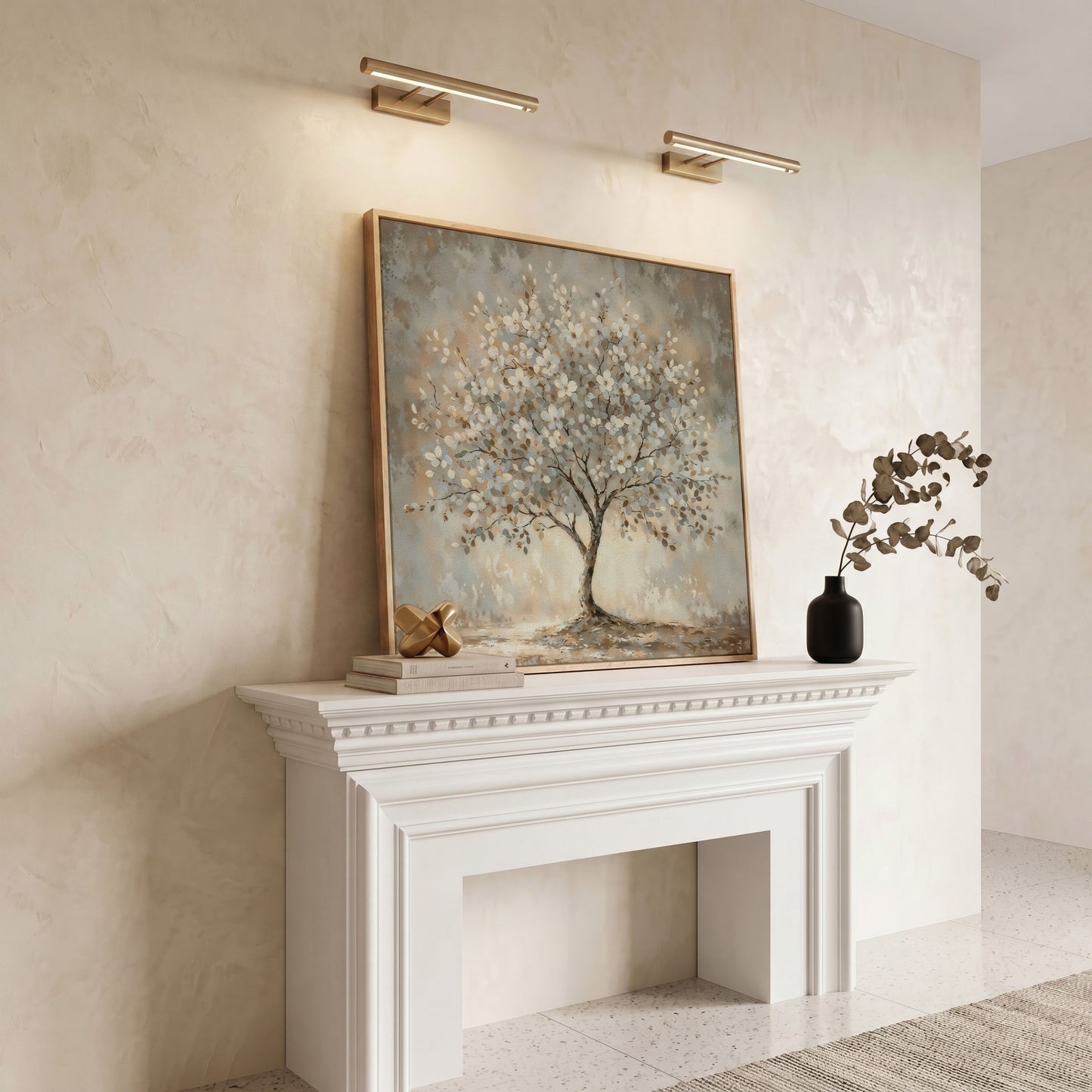 Spring Blooming Tree with White Flowers Canvas in white oak floating frame