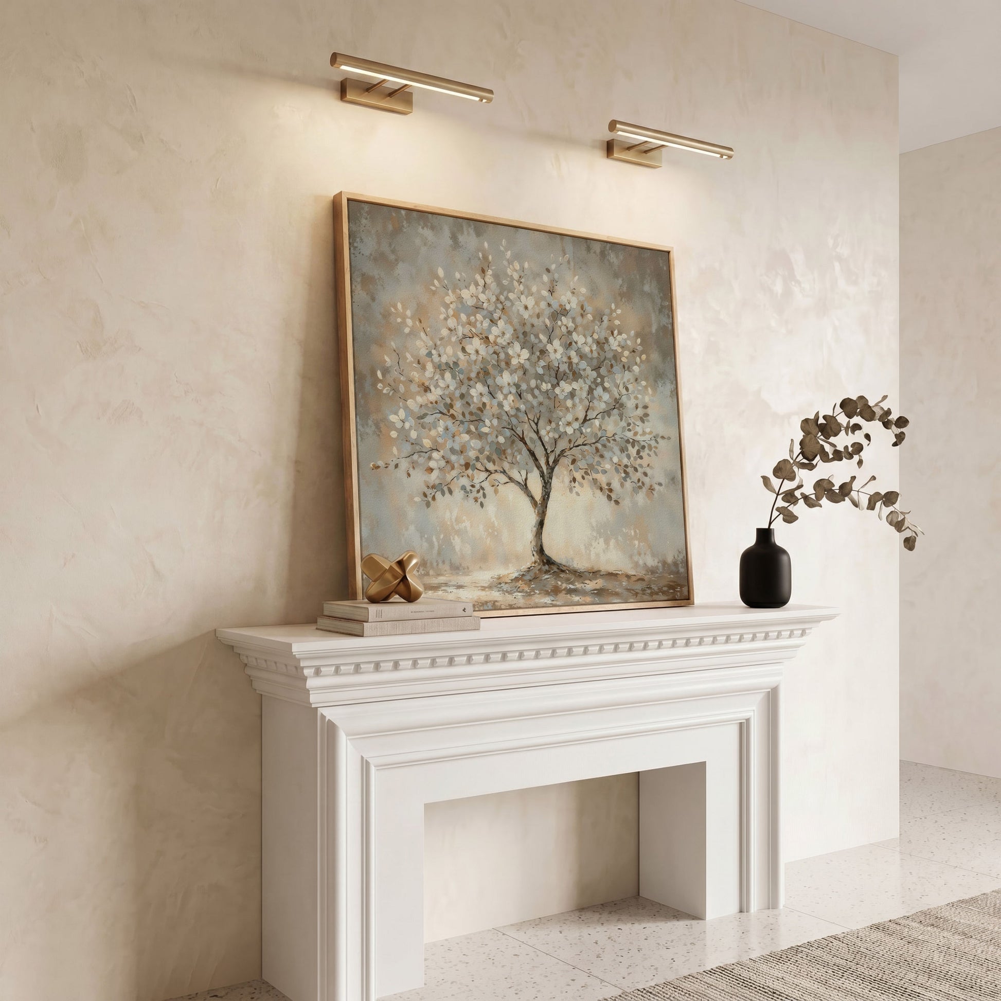 Spring Blooming Tree with White Flowers Canvas in white oak floating frame