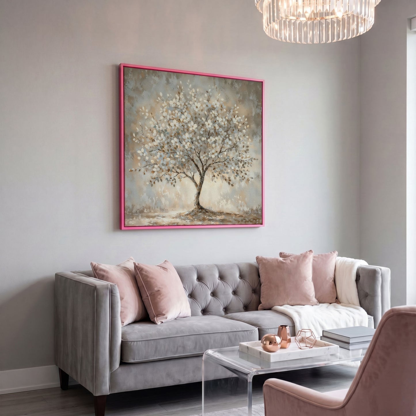 Spring Blooming Tree with White Flowers Canvas in pink floating frame