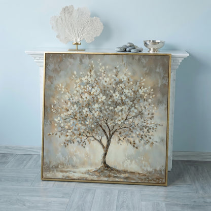 Spring Blooming Tree with White Flowers Canvas in rose gold floating frame