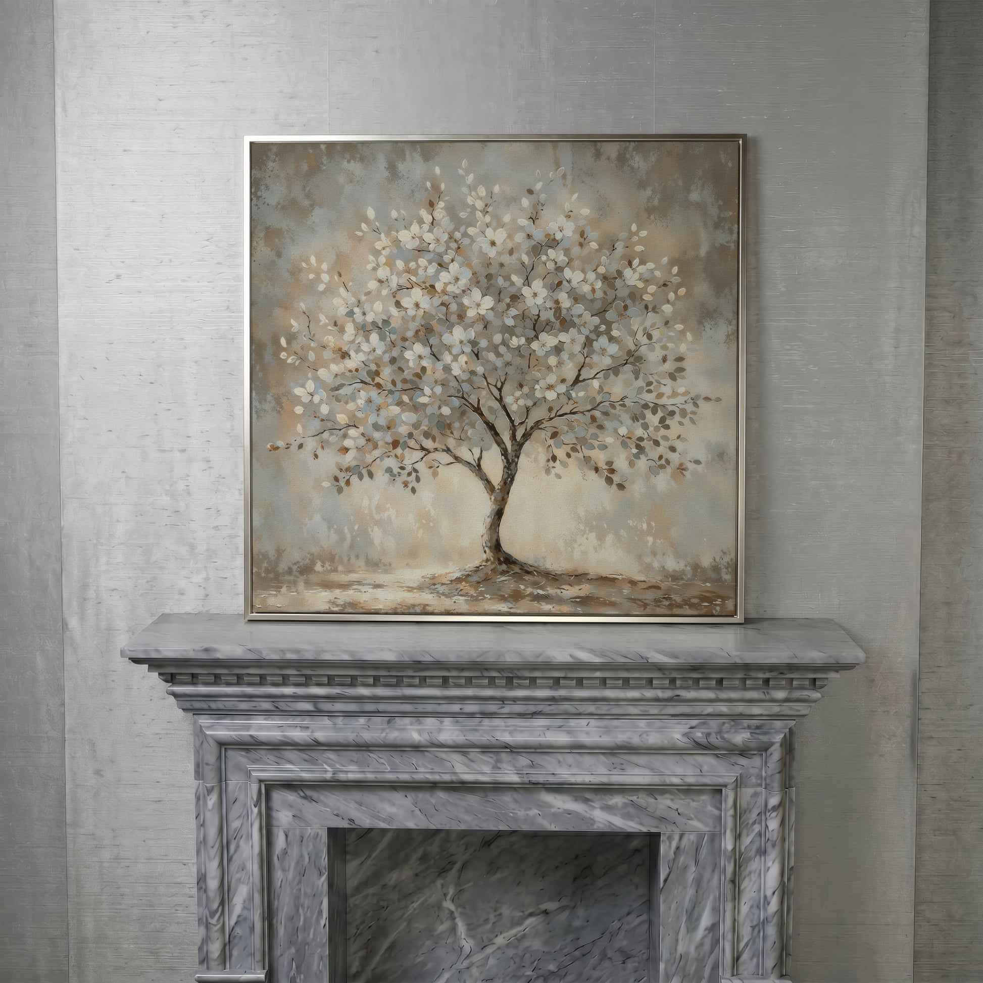 Spring Blooming Tree with White Flowers Canvas in silver floating frame