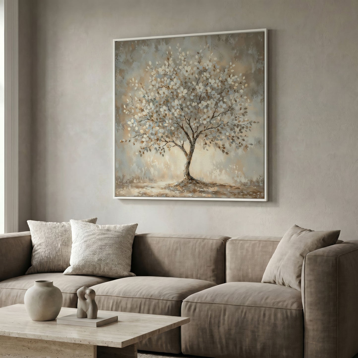 Spring Blooming Tree with White Flowers Canvas in white floating frame