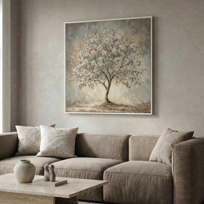 Spring Blooming Tree with White Flowers Canvas in white floating frame