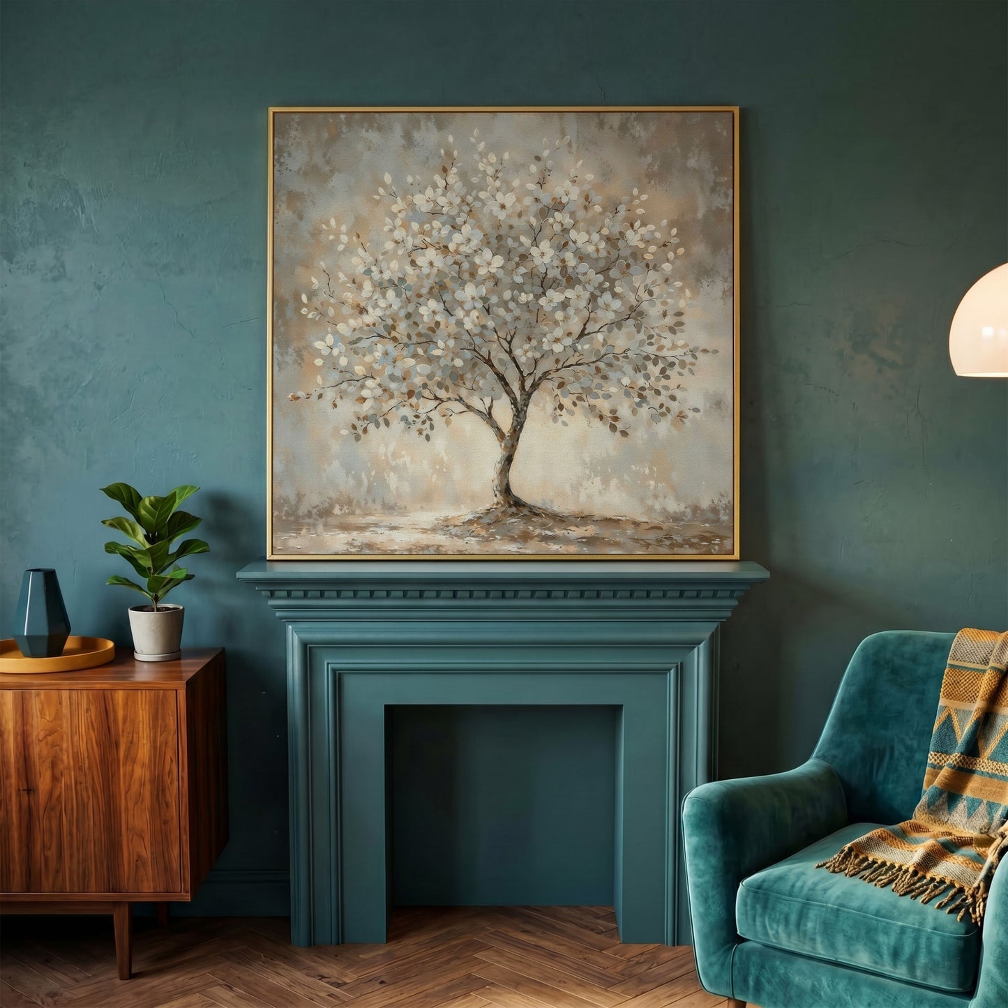 Spring Blooming Tree with White Flowers Canvas in yellow gold floating frame