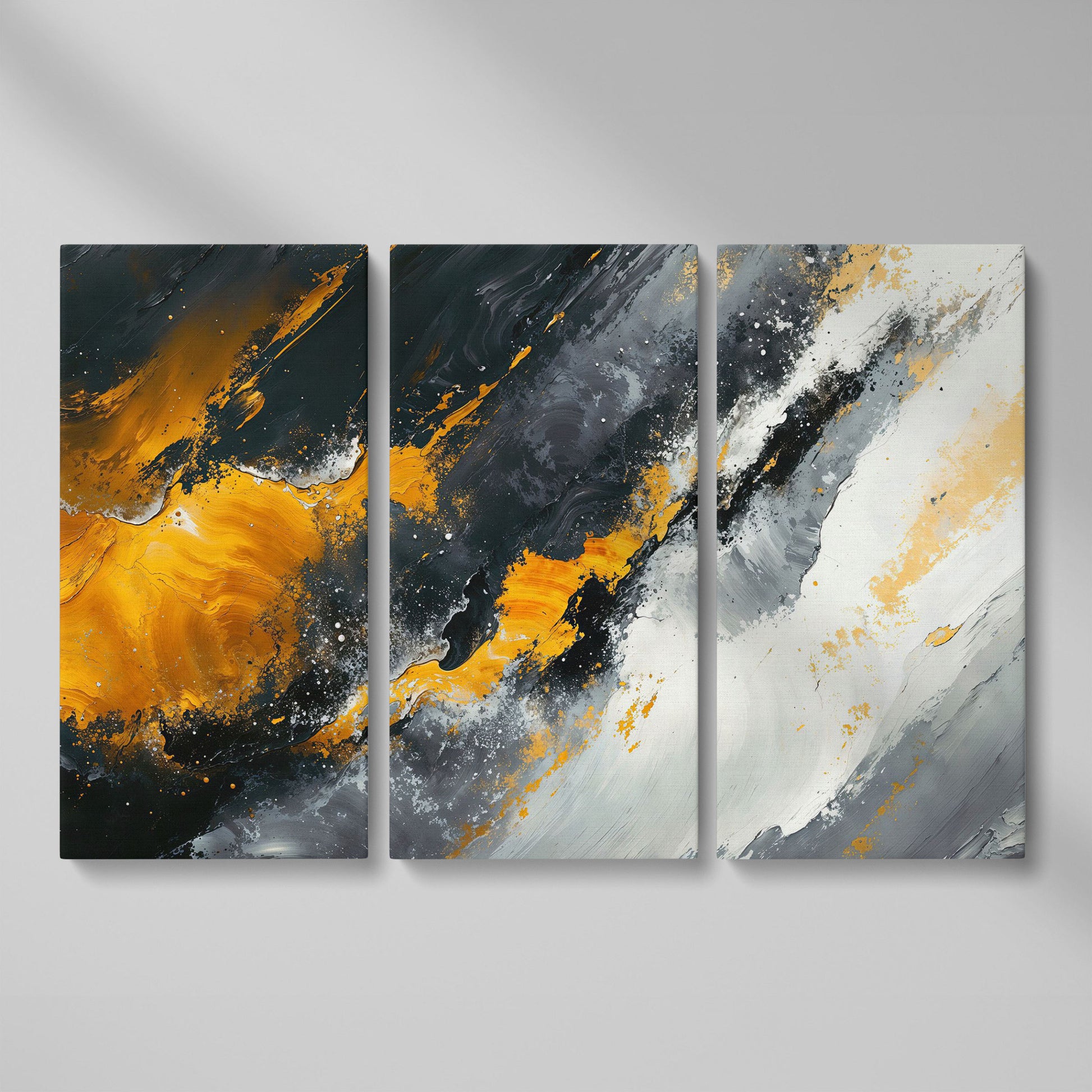 Earthy Abstract Canvas Art with Mustard and Orange Brushstrokes as 3-panel split version