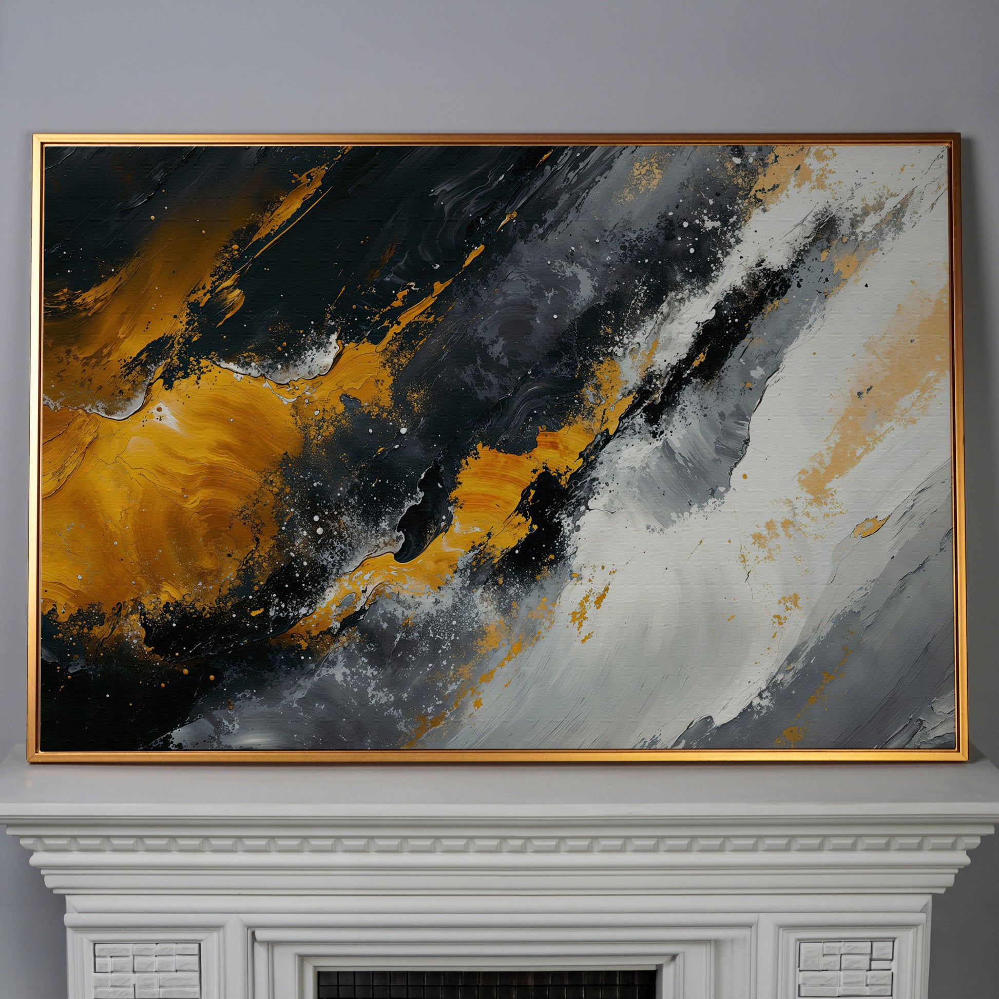 Earthy Abstract Canvas Art with Mustard and Orange Brushstrokes in antique gold floating frame