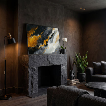Earthy Abstract Canvas Art with Mustard and Orange Brushstrokes in black floating frame
