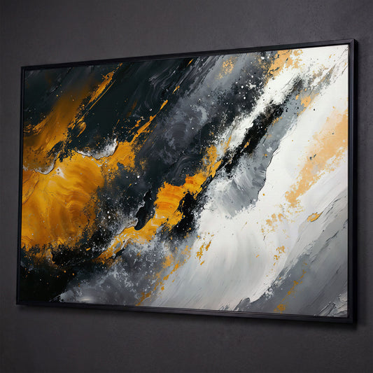 Earthy Abstract Canvas Art with Mustard and Orange Brushstrokes shown in black floating frame