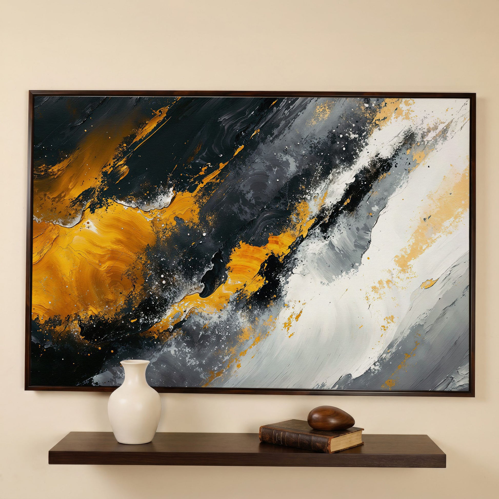 Earthy Abstract Canvas Art with Mustard and Orange Brushstrokes in dark walnut floating frame