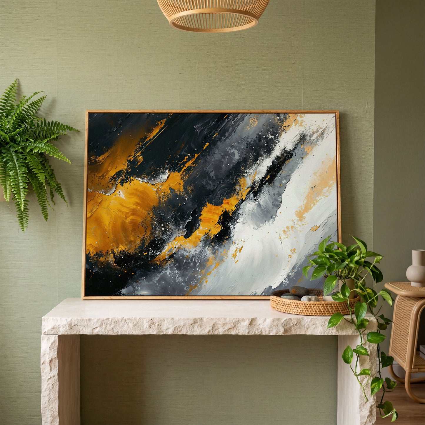Earthy Abstract Canvas Art with Mustard and Orange Brushstrokes in white oak floating frame