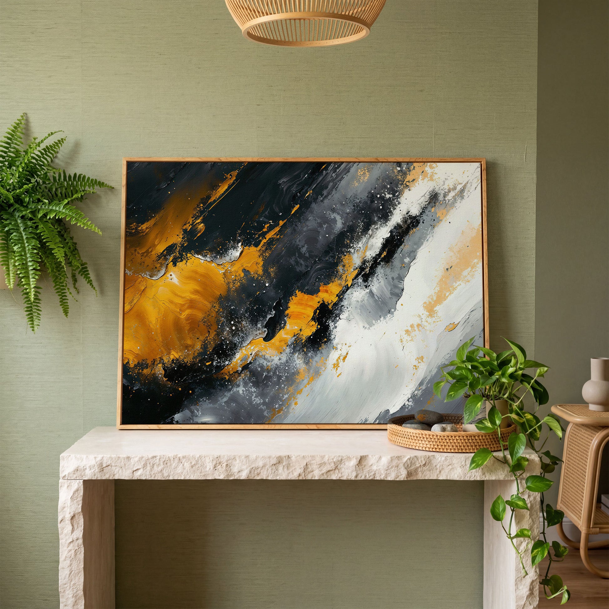 Earthy Abstract Canvas Art with Mustard and Orange Brushstrokes in white oak floating frame