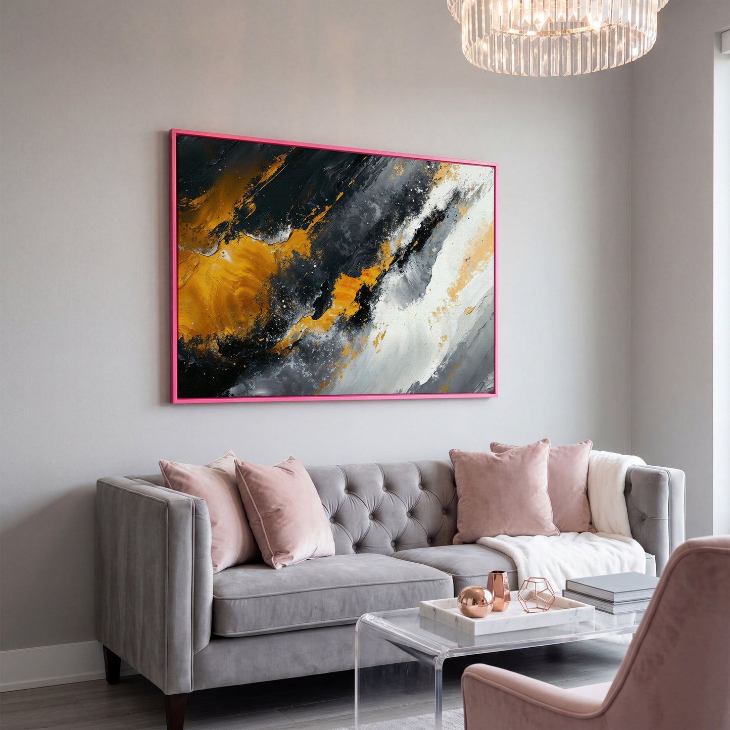 Earthy Abstract Canvas Art with Mustard and Orange Brushstrokes in pink floating frame