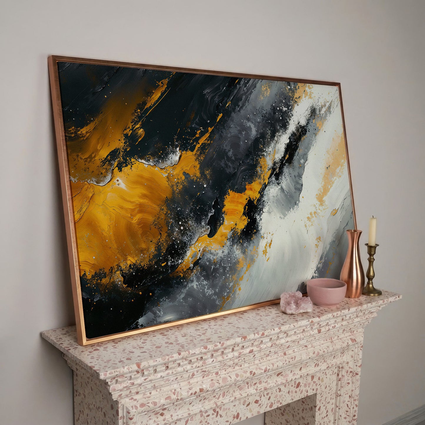 Earthy Abstract Canvas Art with Mustard and Orange Brushstrokes in rose gold floating frame