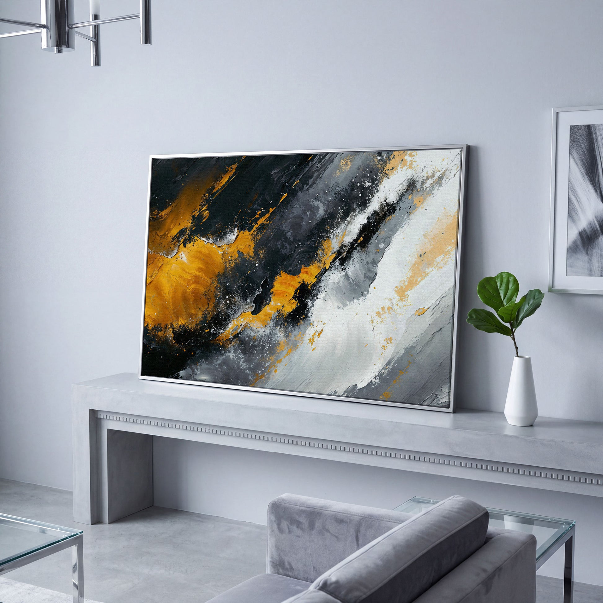 Earthy Abstract Canvas Art with Mustard and Orange Brushstrokes in silver floating frame