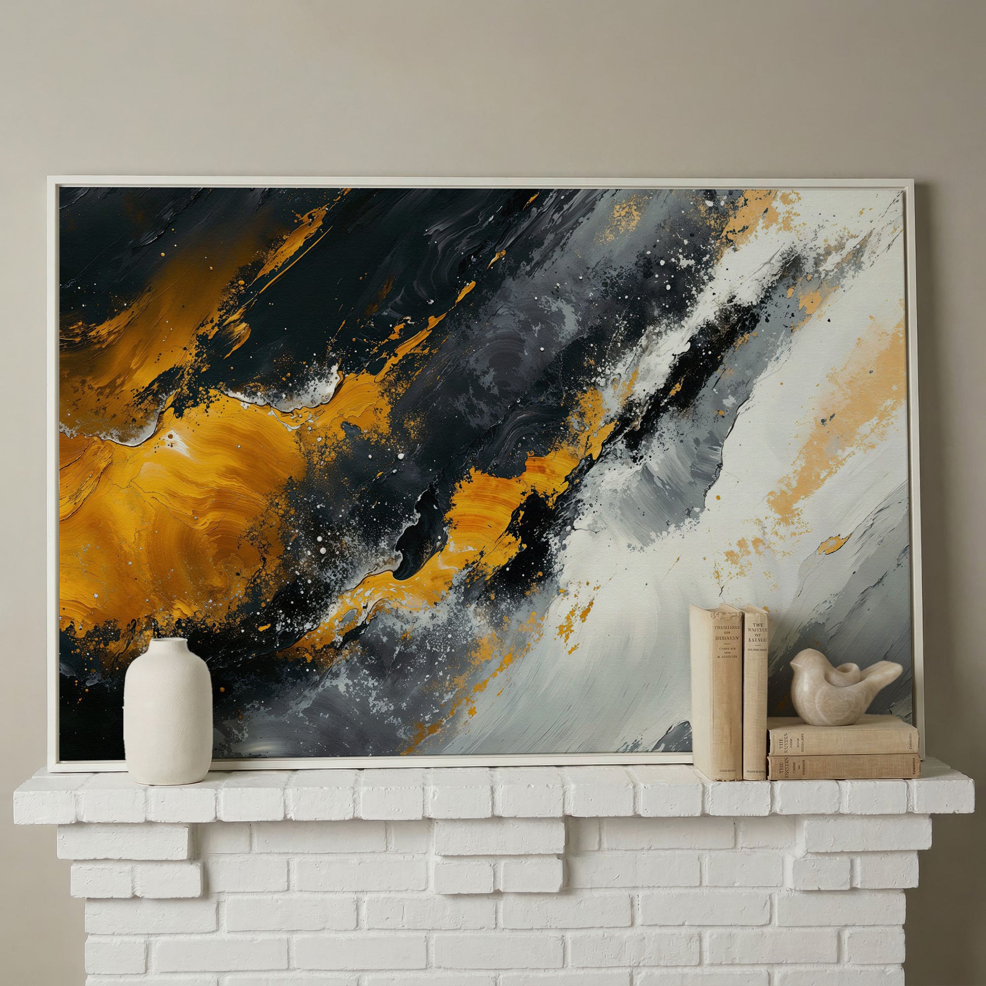 Earthy Abstract Canvas Art with Mustard and Orange Brushstrokes in white floating frame