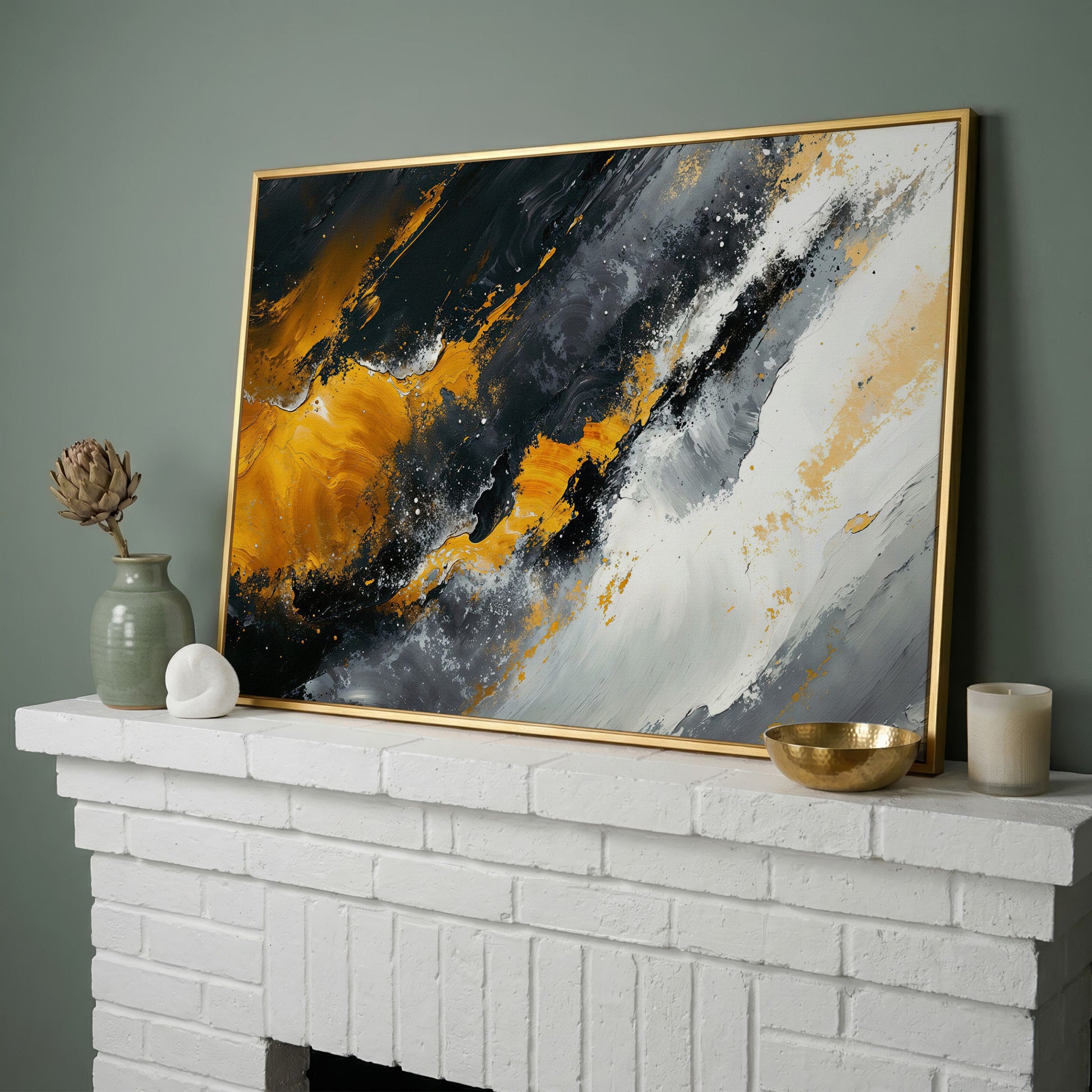 Earthy Abstract Canvas Art with Mustard and Orange Brushstrokes in yellow gold floating frame