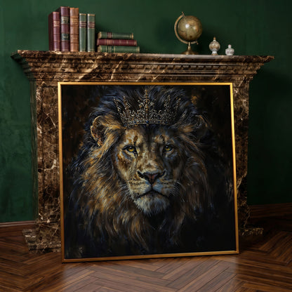 King Lion with Crown Canvas in antique gold floating frame